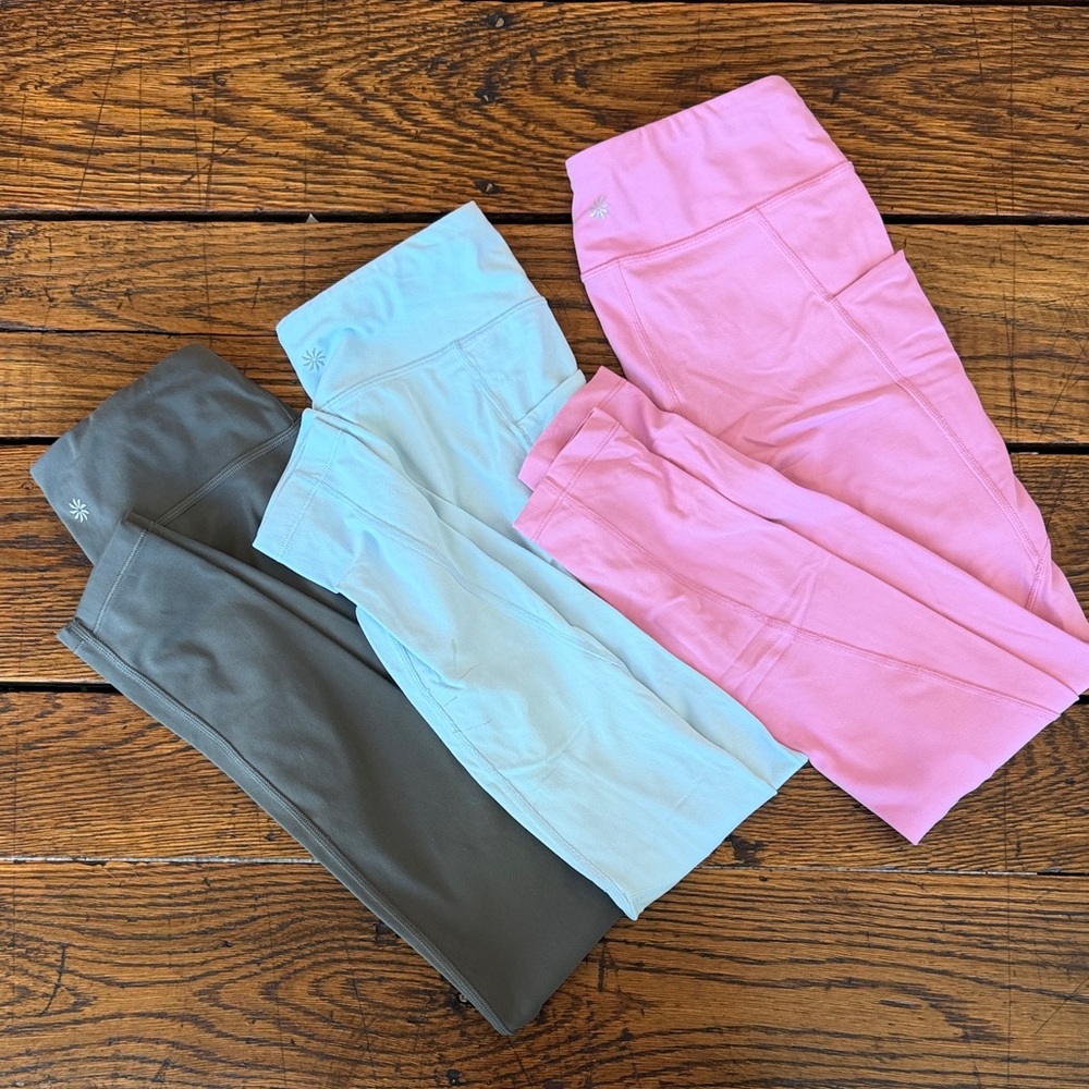 Athleta Kids Leggings in Pink, Light Blue & Olive